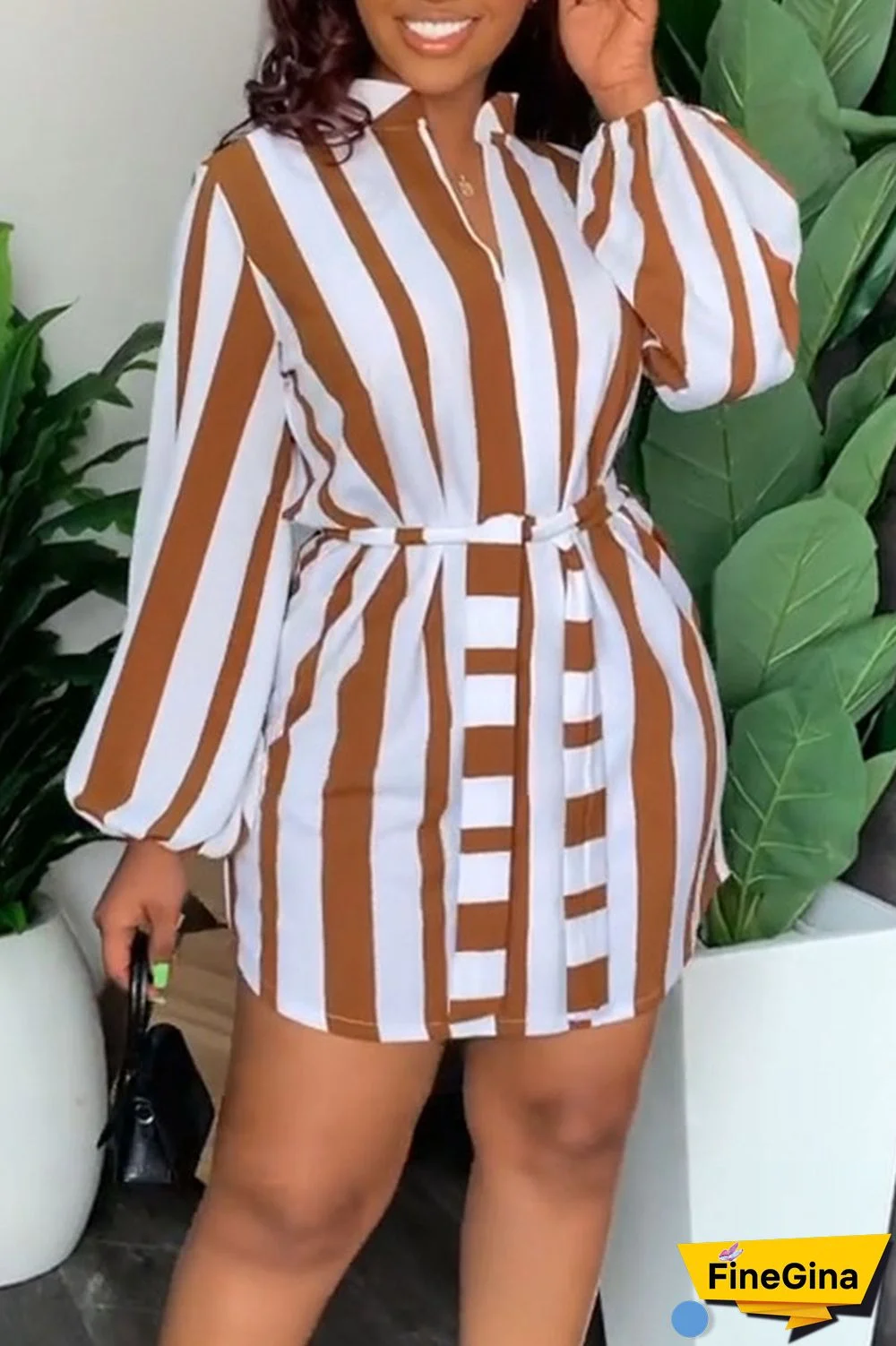 Brown Fashion Casual Striped Print Bandage Patchwork With Belt V Neck Straight Dresses