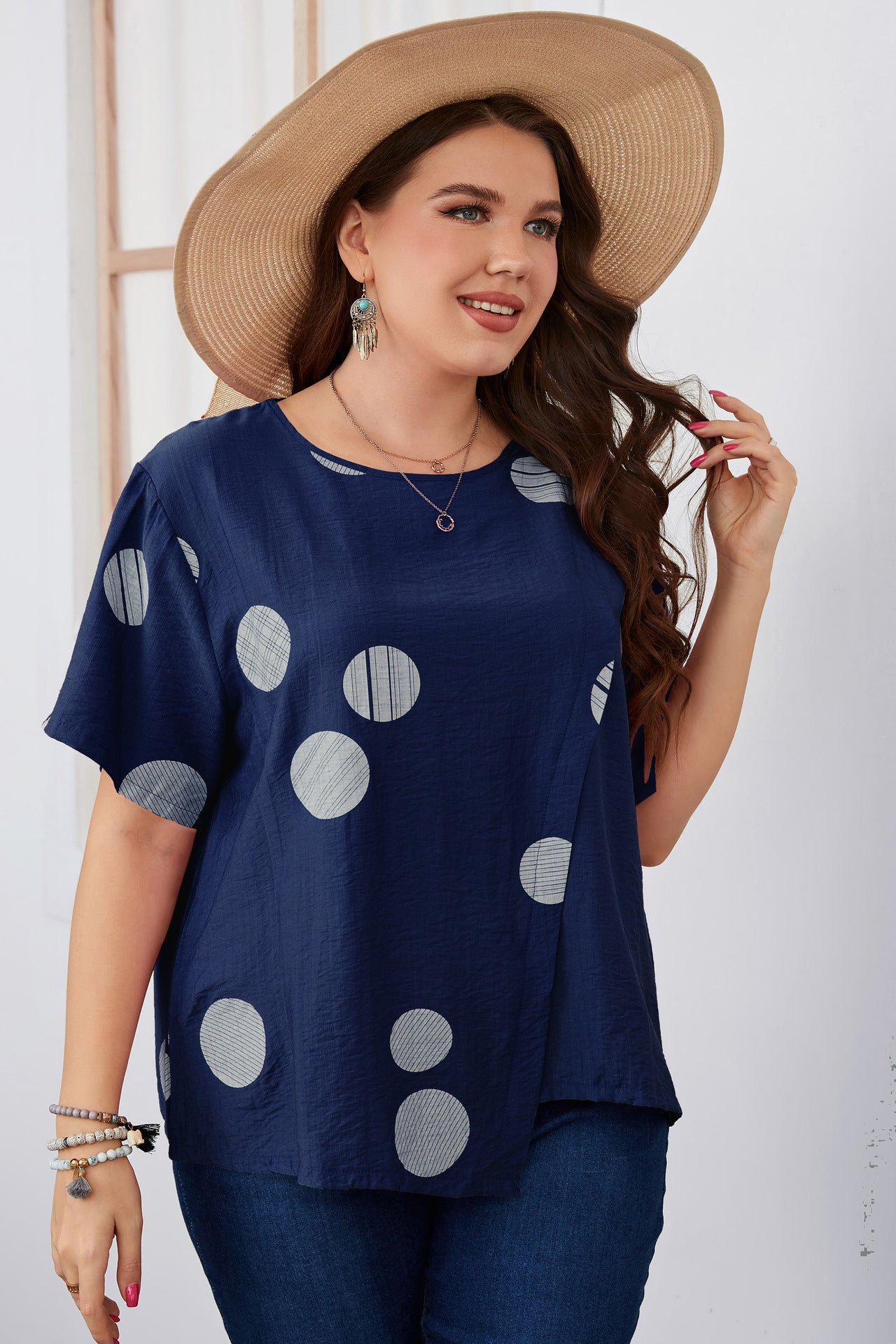 Plus Size Women round Neck Loose Polka Dot Short Sleeve T-shirt Summer Women Clothing