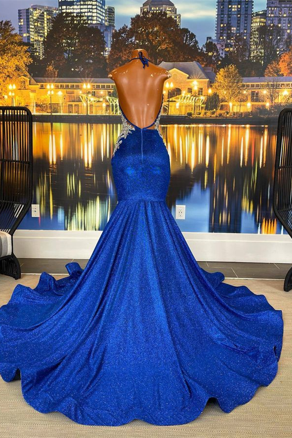 Stunning Halter Royal Blue Evening Party Dress Satin Mermaid Prom Dress
