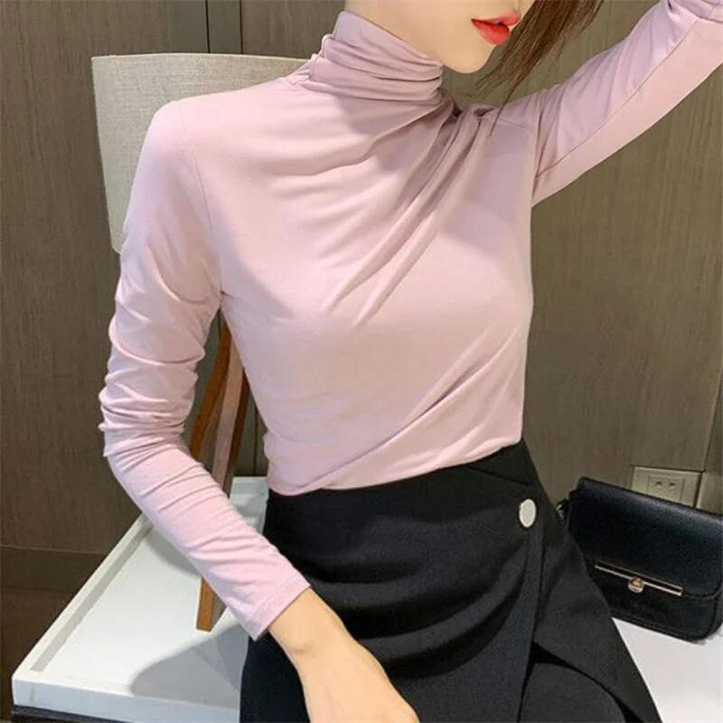 Cotton Turtleneck Tight T-shirt  Women Bottoming Tshirt Long Sleeve Modal Autumn Winter Pullover Soft cozy slim Female Tees Tops