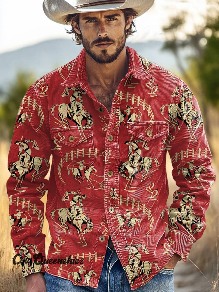 Red Rodeo Print Casual Corduroy Shirt Multicolor / S