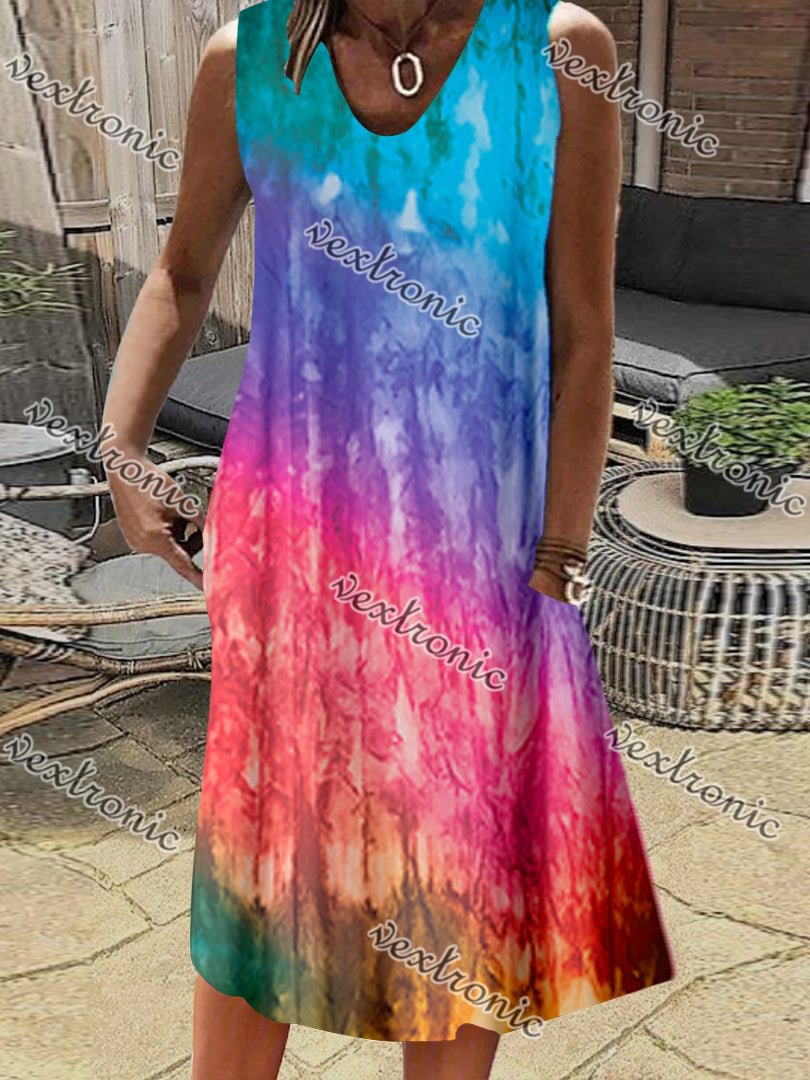 Women's Colorful V-Neck Sleeveless Gradient Midi Dress
