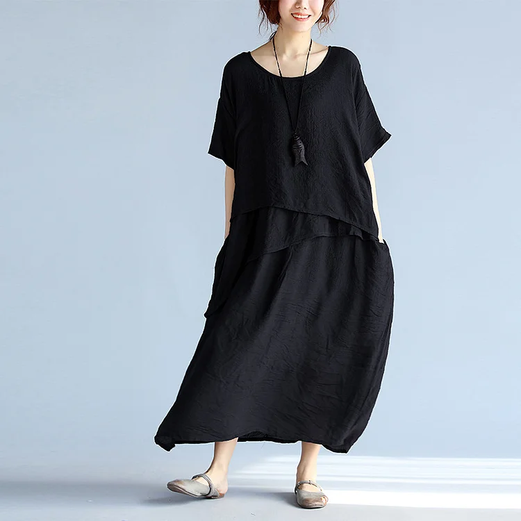 Loose Solid Color Cotton Linen Short Sleeve Midi Dress