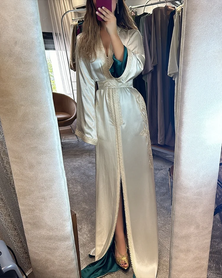 Women's Slit Mesh Embroidery Moroccan Dress