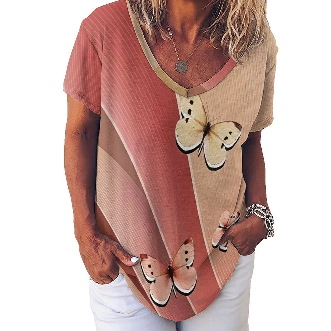 V-neck Short Sleeve Casual T-shirt for  Women Printed with Pattern Pink, Butterfly, Texture