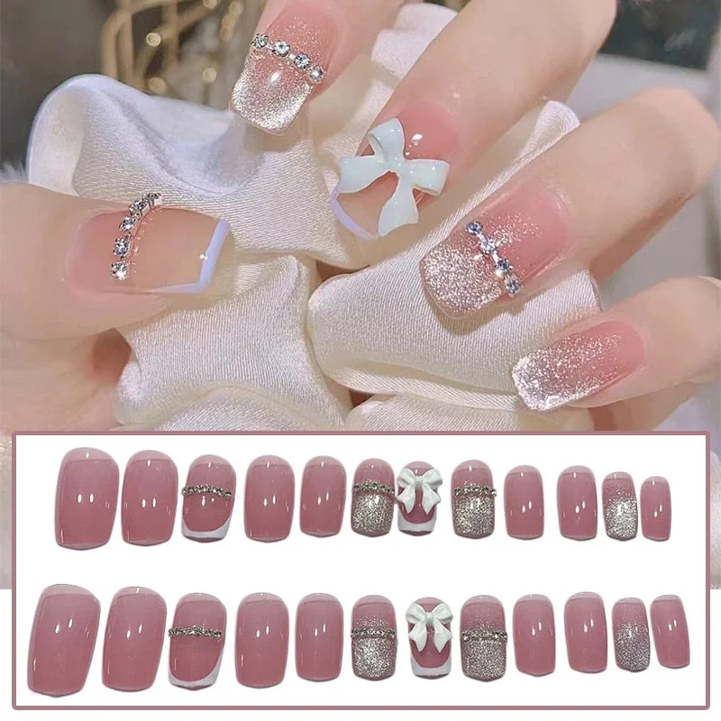 24Pcs/box Full Cover Short round press on nails Pink Dripping Shape Heart Bride nail tips Wearable Fake Nail with Glue for girls-Nail Inspo