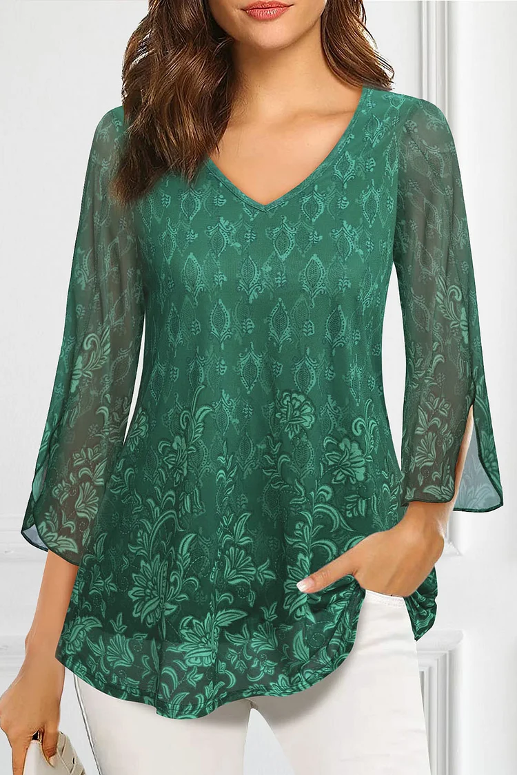 Flycurvy Plus Size Dressy Green Ruffle 3/4 Sleeve V Neck Double Layer Mesh Loose Fit Flowy Tunic Blouse