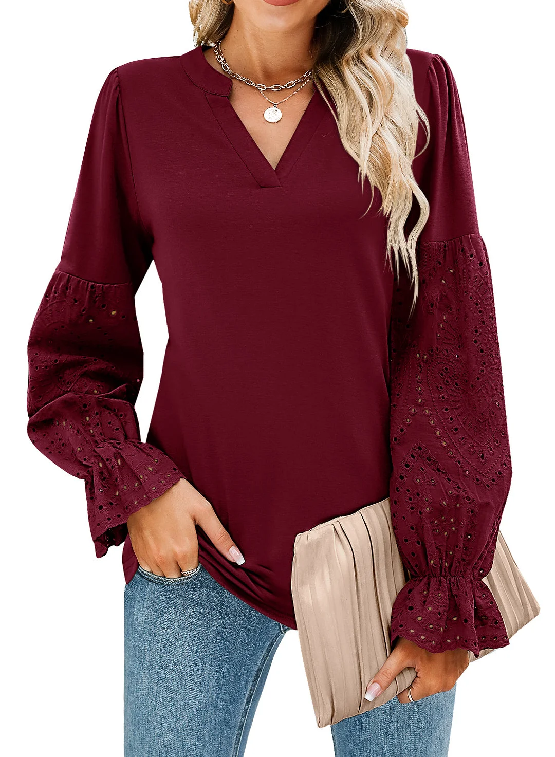 MIHOLL Women V Neck Long Sleeve Shirt Lace Crochet Loose Casual Top Blouse