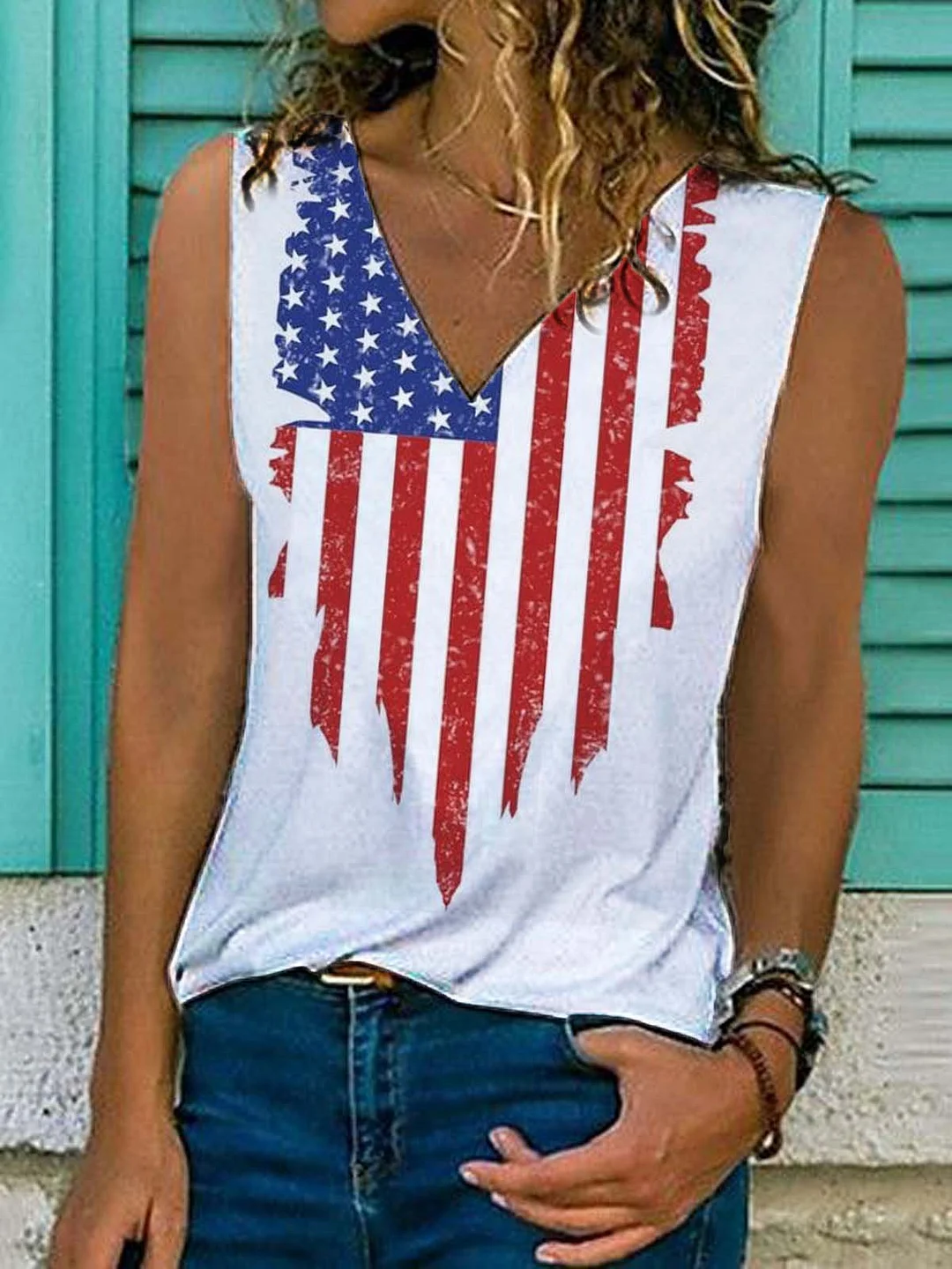 Graphic  Sleeveless  Printed Cotton-blend  V neck  Casual  Summer White Top