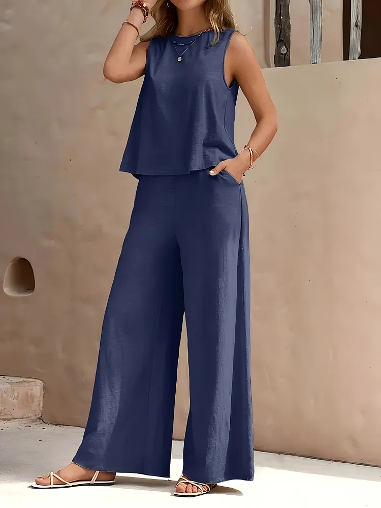 Women's Stylish Red Sleeveless Top & Wide-Leg Pants Set - Polyester, Solid Color, Spring/Summer Casual Wear, Sleeveless Blouse | Casual Attire | Polyester Fabric