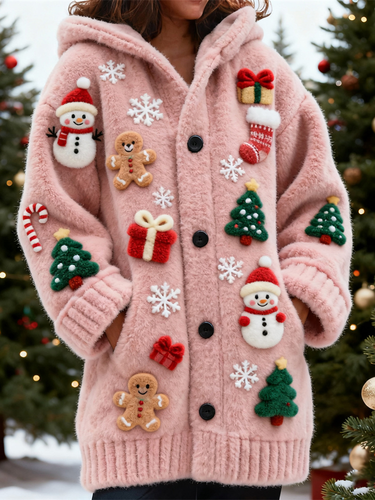 Winter Christmas Theme Design Women's Hooded Plush Cardigan elevenforest