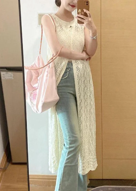 Fashion Beige O Neck Side Open Knit Dresses Sleeveless