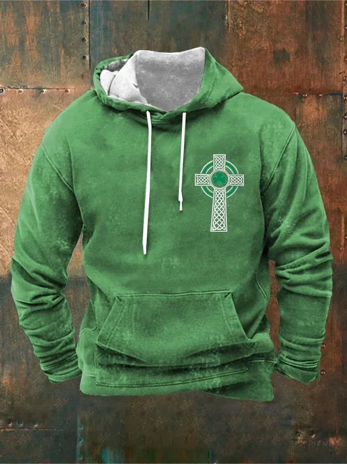 Men's Retro Christian Cross Shamrock Print St Patrick's Day Hoodie