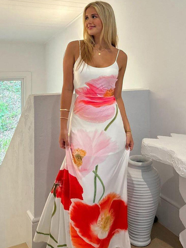 Mature Women Summer Fashion Printed Suspender Backless Sexy Long Beach Dress