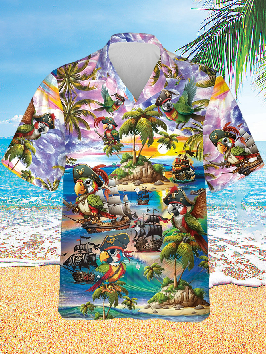 Fun Pirate Parrot Hawaiian Surf Print Short Sleeve Shirt ​ PLUSCLOTHESMAN