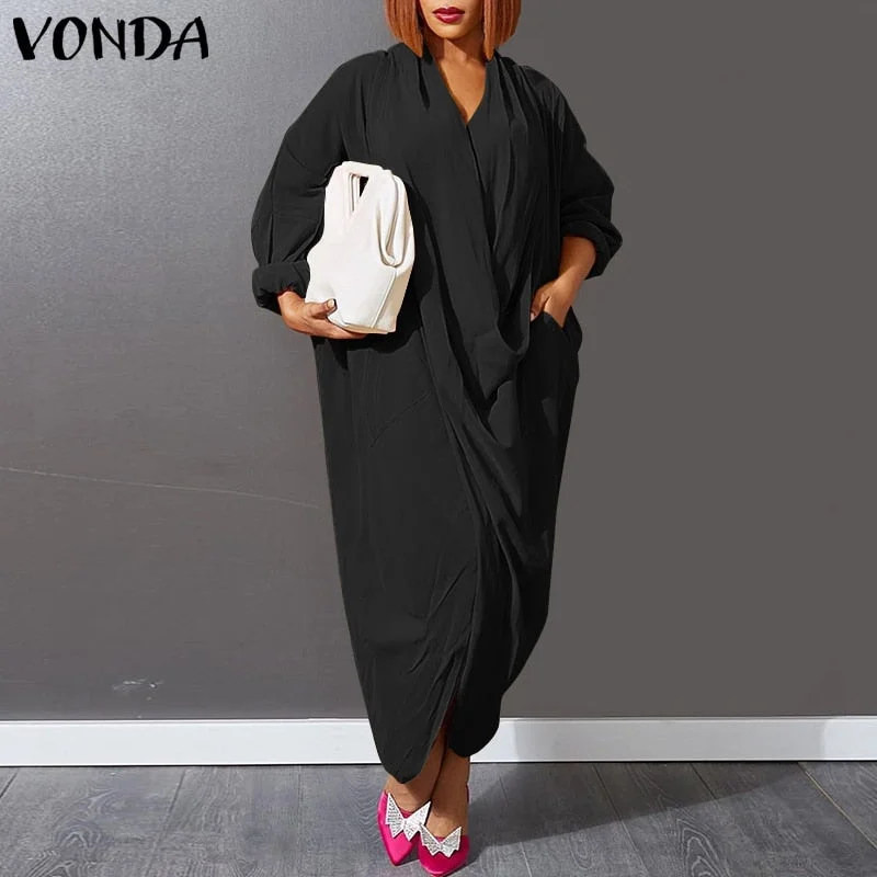 VONDA Women Long Sleeve V Neck Split Hem Dress Summer Spring Casual Pleated Long Maxi Dresses Femme Party Vestidos With Pockets