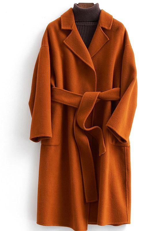 VCSHOES brown Woolen Coats Women Loose fitting medium length jackets tie waist coat