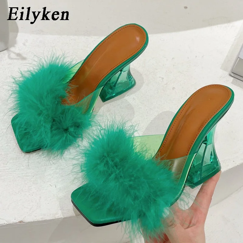 Eilyken Woman Feather Transparent Strange High heels Fur Slippers Sandals Women Peep toe Mules Lady Pumps Slides size 35-41