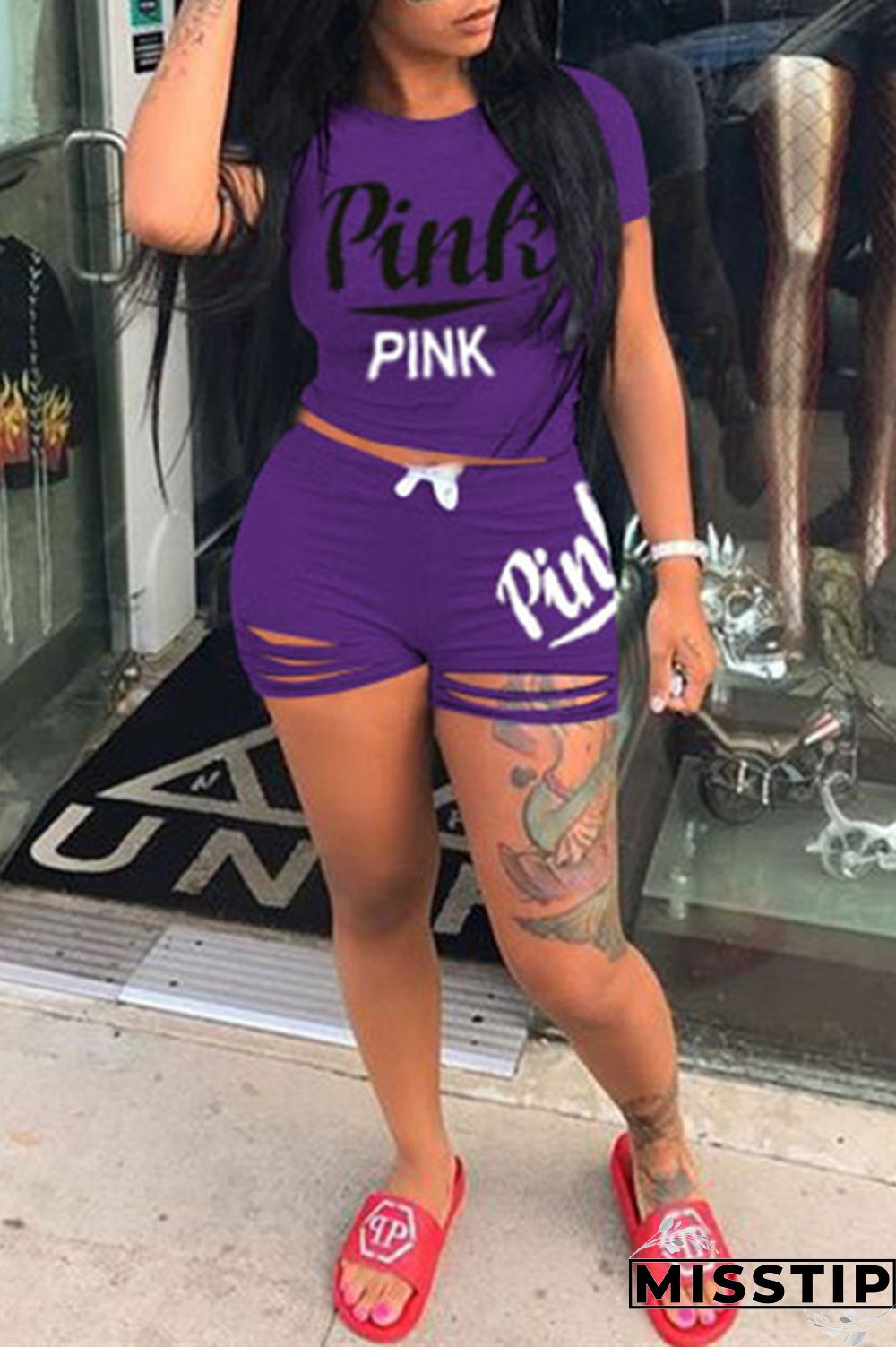 Pink Fashion Casual Letter Print Ripped O Neck Short Sleeve Two Pieces