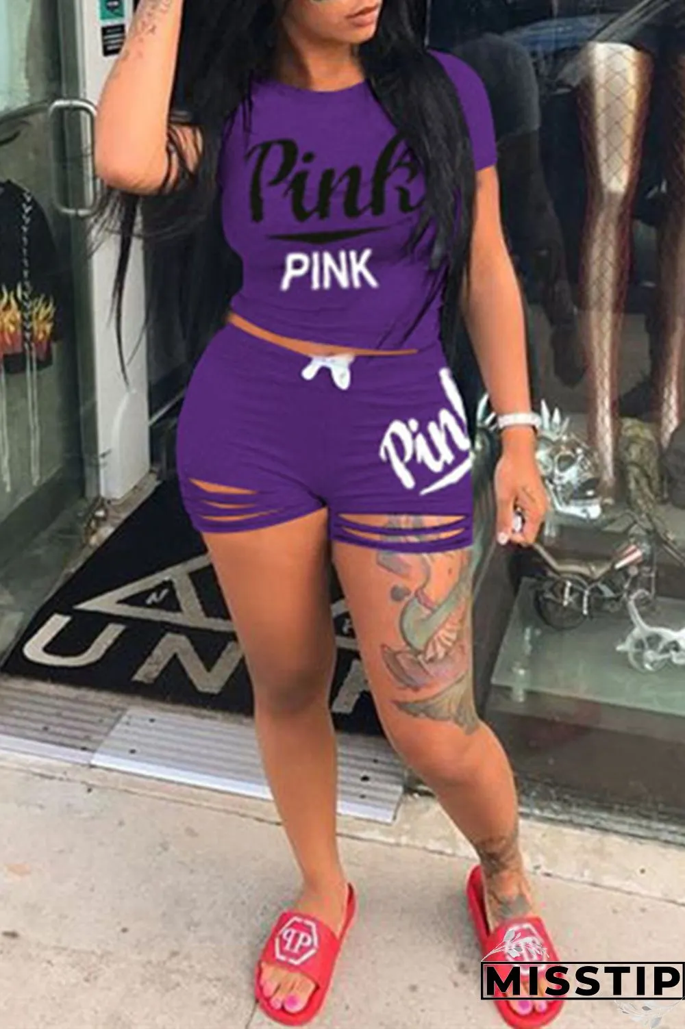 Pink Fashion Casual Letter Print Ripped O Neck Short Sleeve Two Pieces
