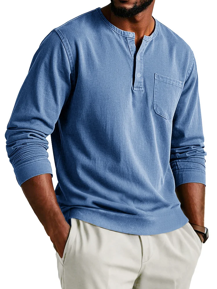 Men's Vintage Washed and Distressed 100% Cotton Pocket Long Sleeve Henley Shirt