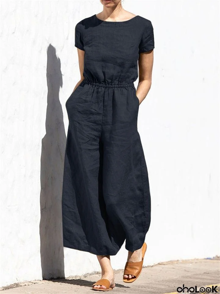 Women’s Relaxed Crew Neck Short Sleeve High Waist Loose Jumpsuit