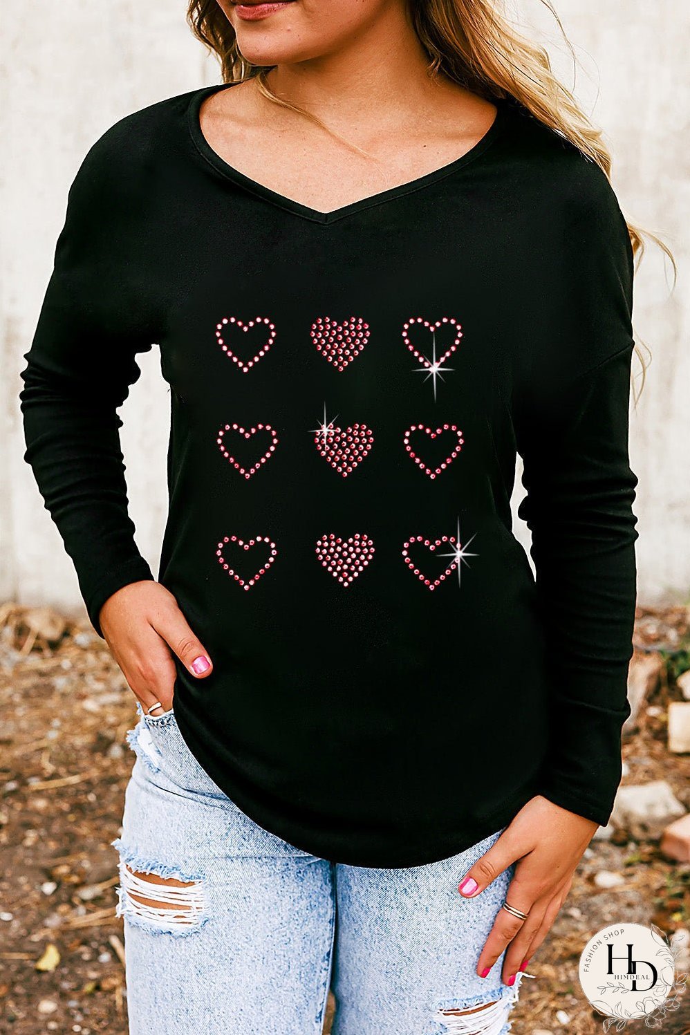Black Valentines Day Rhinestone Heart Graphic Long Sleeve Tee