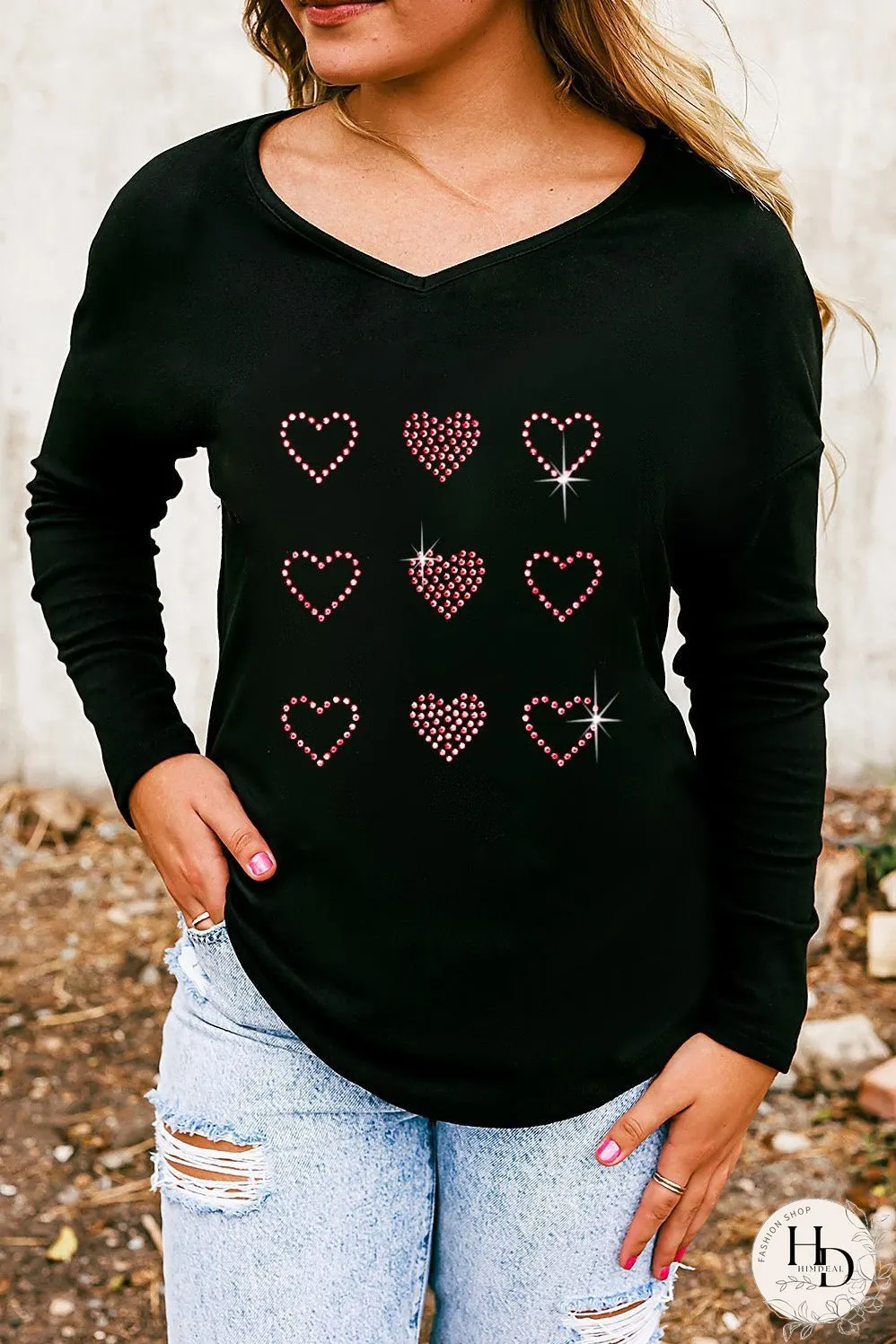 Black Valentines Day Rhinestone Heart Graphic Long Sleeve Tee