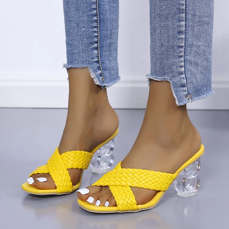Transparent Strange High Heels Sandals Women Summer 2021 Plus Size Weave Female Slippers Fashion Yellow Open Toe Slides