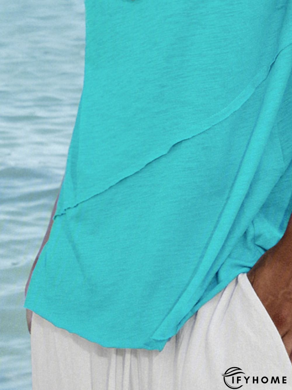 Blue Casual Cotton Solid V Neck T-shirt | IFYHOME