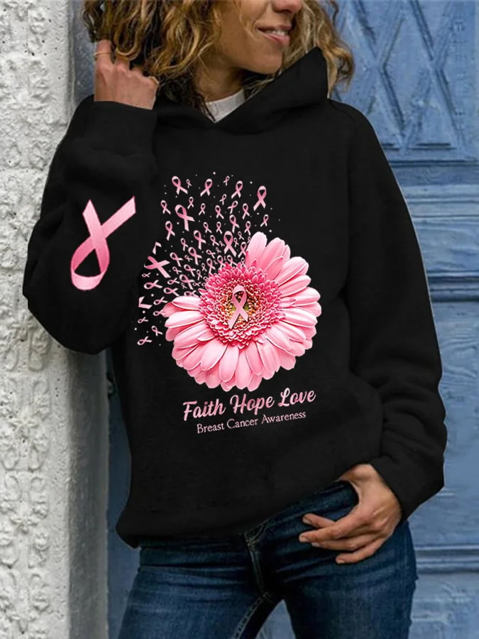 Breast Cancer Awareness Faith Hope Love Daisy Flower Ribbon Print Casual Hoodie socialshop
