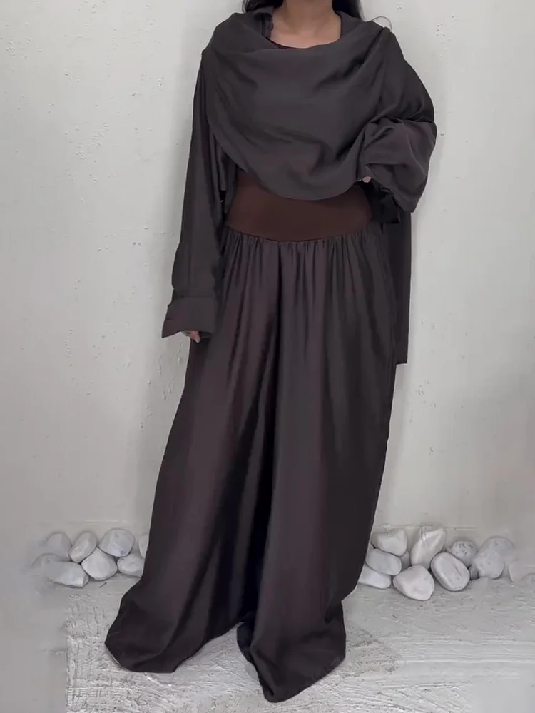 Brown Loose - Fitting Long - Sleeve Top And Palazzo Pants Set