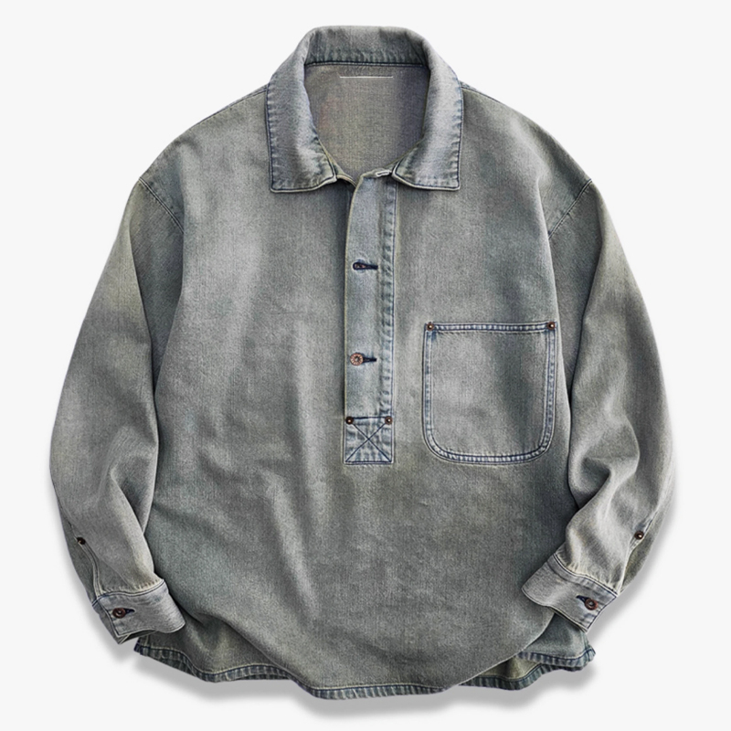 Men's Vintage Distressed Denim Lapel Pullover Shirt