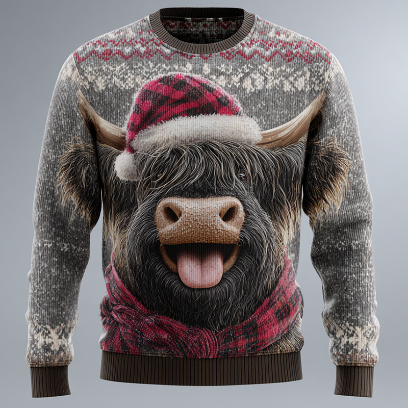 Men's Fun Christmas Highland Cow Print Knit Sweater elevenforest