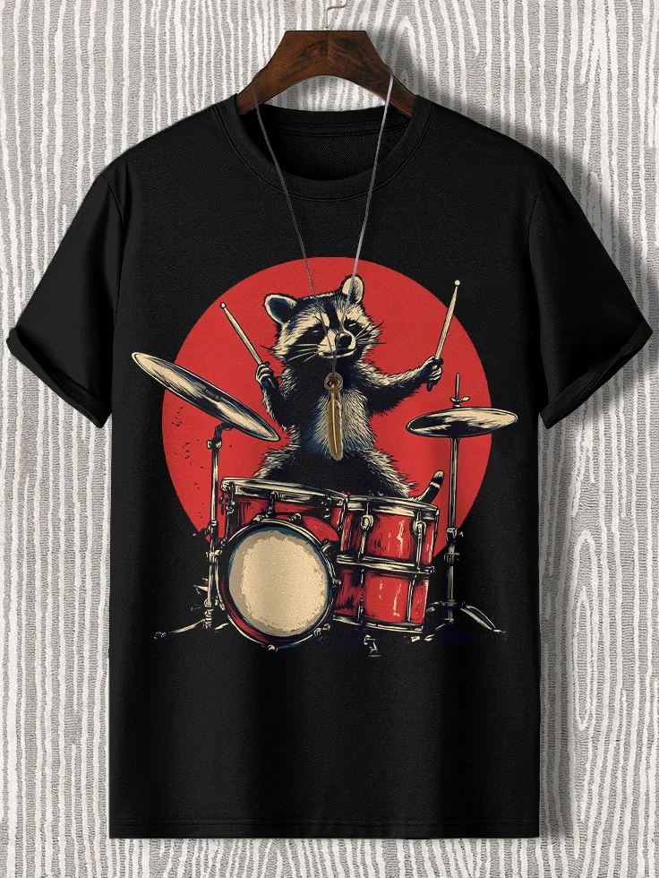 100% Cotton Men's Raccoon Drummer Playing Drums Print Casual T-Shirt