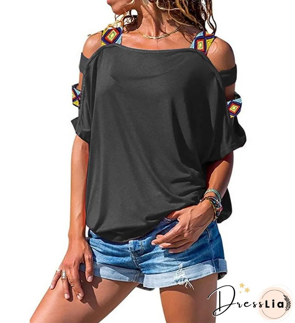 Women's Solid-colored Hollow Short-sleeved Off-the-shoulder T-shirt Top