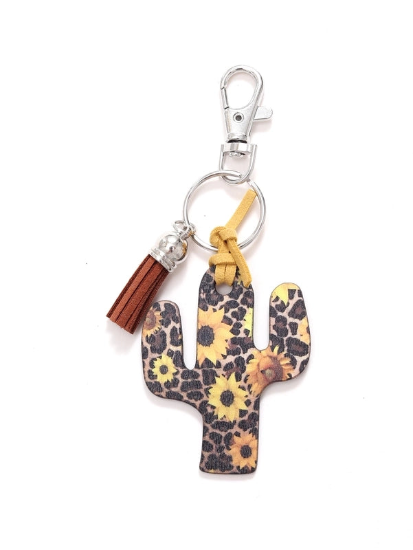 Classic Style Commute Cactus Printing Wood Bag Pendant Keychain