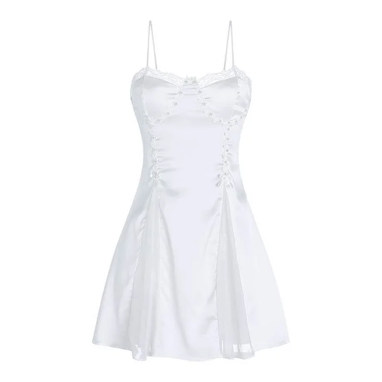 Beaded Lace Mesh Satin Slip Nightdress - Modakawa modakawa