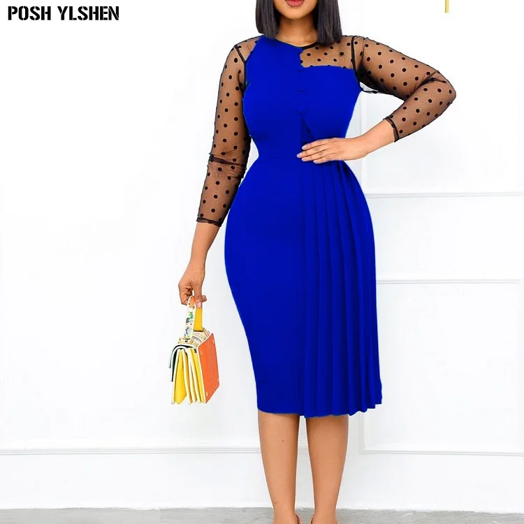 Summer Bodycon Dress African Dresses for Women 2022 Sexy Elegant Mesh Sleeve Pleat Bandage Robe Africaine Femme African Clothes QueenFunky