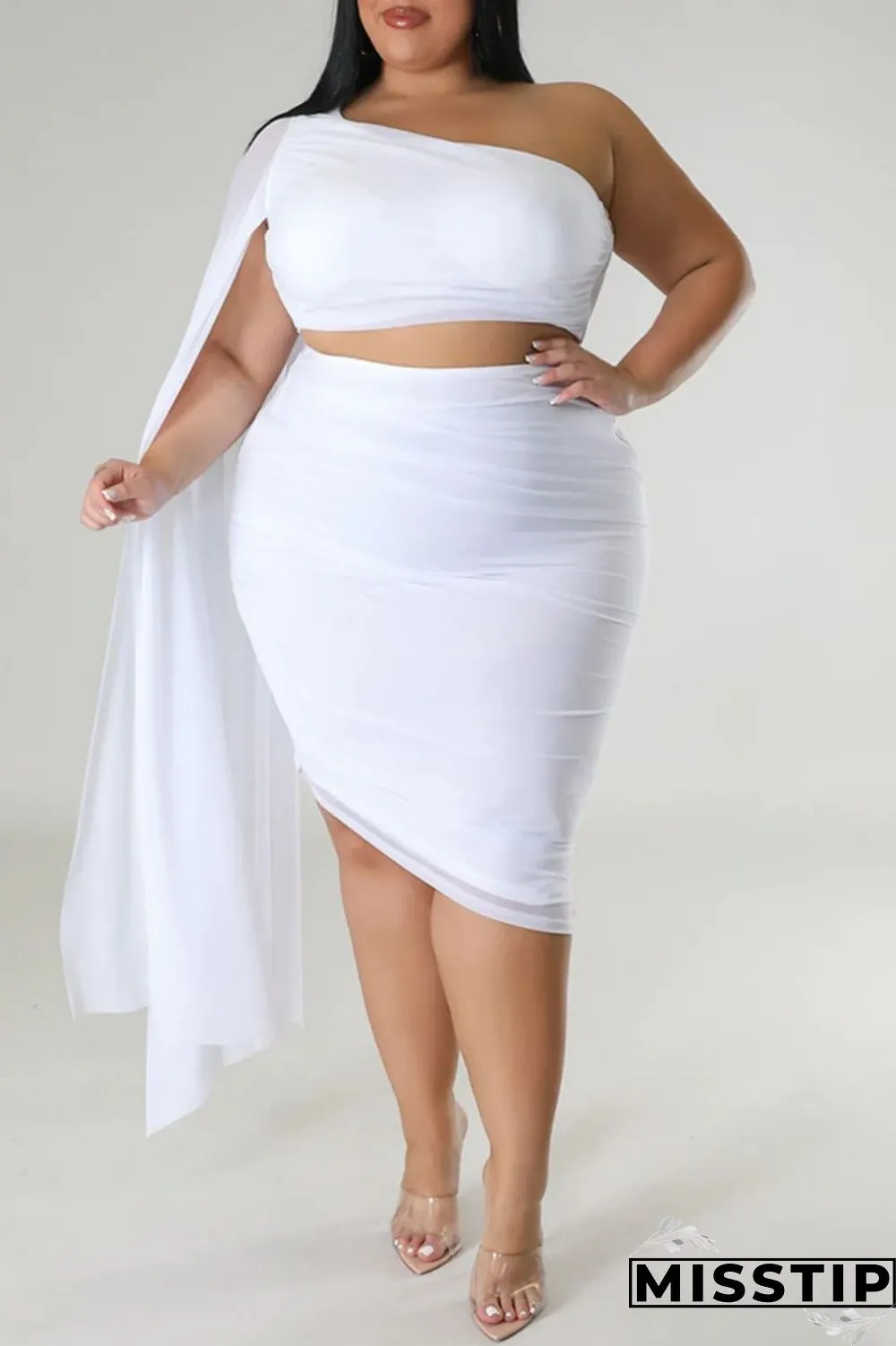 Blue Sexy Solid Patchwork Backless Oblique Collar Plus Size Two Pieces
