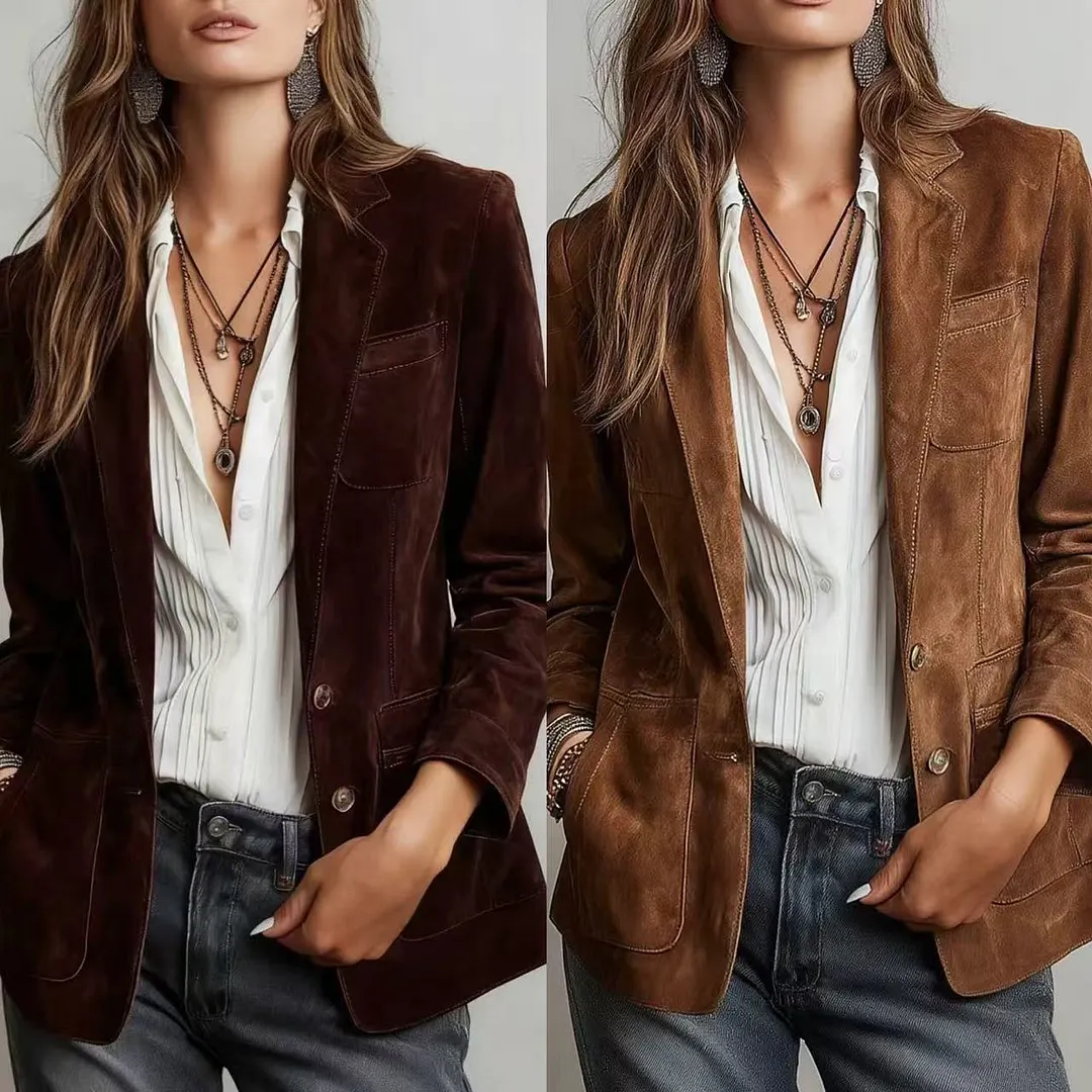 Women's Suede Blazer Jacket Vintage Casual Button Down Coat with Pockets