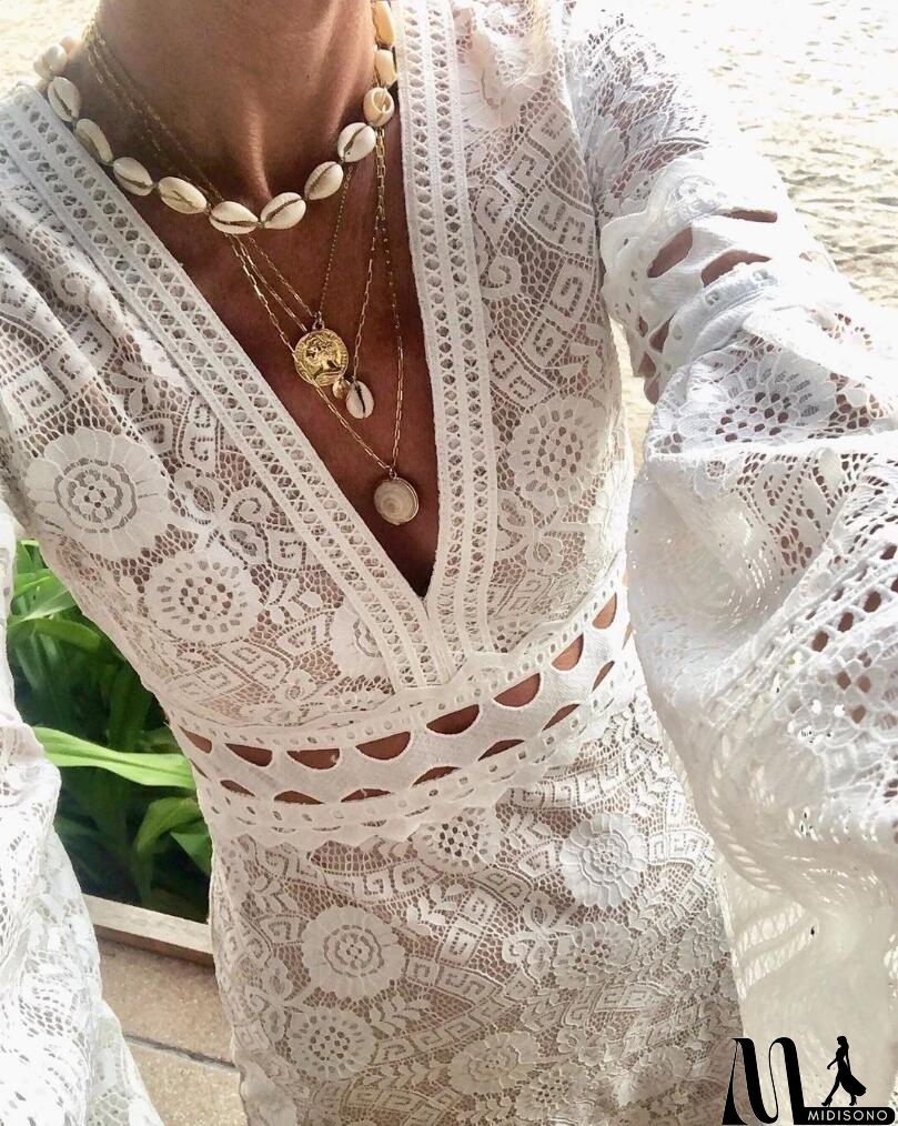 MidiSono - Fashion Womens V-Neck Lace Dress