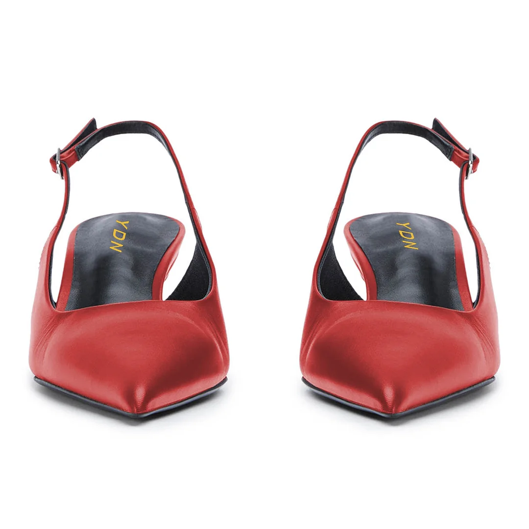 YDN Pointed Toe Slingback Red Kitten Heels with Buckle Strap