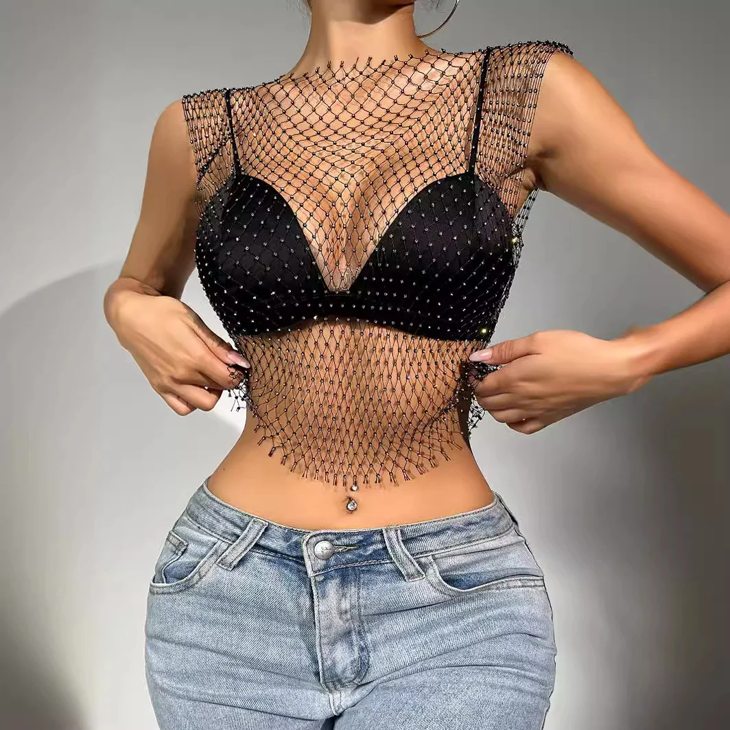 Uveng Uveng Nightclub Dresses Fishnet Hollow Out Rhinestone Vest Mesh Flash Diamond Sling Top Female