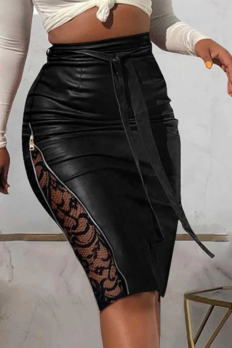 Xpluswear Plus Size Lace Stitching Zipper Belted PU Leather Skirt