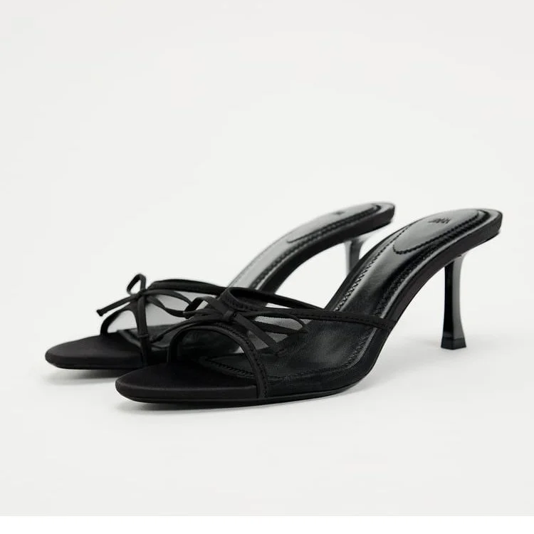 Yyvonne Yarn Breathable High-Heeling Slippers Women 42 Large Size Lady Half Slippers Bow Round Head Word Type Cool Drag Woman