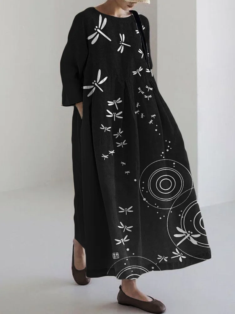 Dragonflies & Ripples Japanese Art Linen Blend Maxi Dress