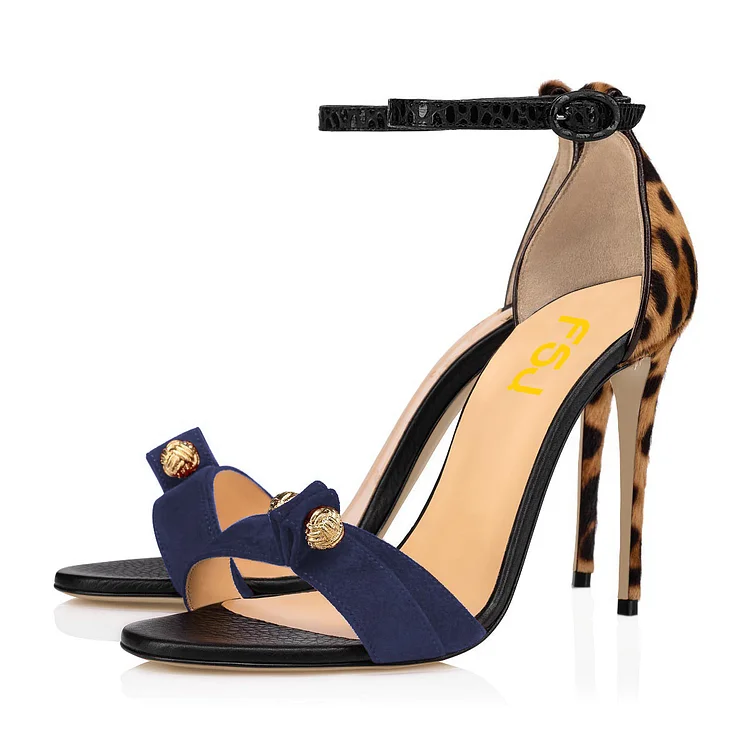 Navy Blue and Leopard Ankle Strap Sandals Open Toe Stiletto Heels |FSJ Shoes