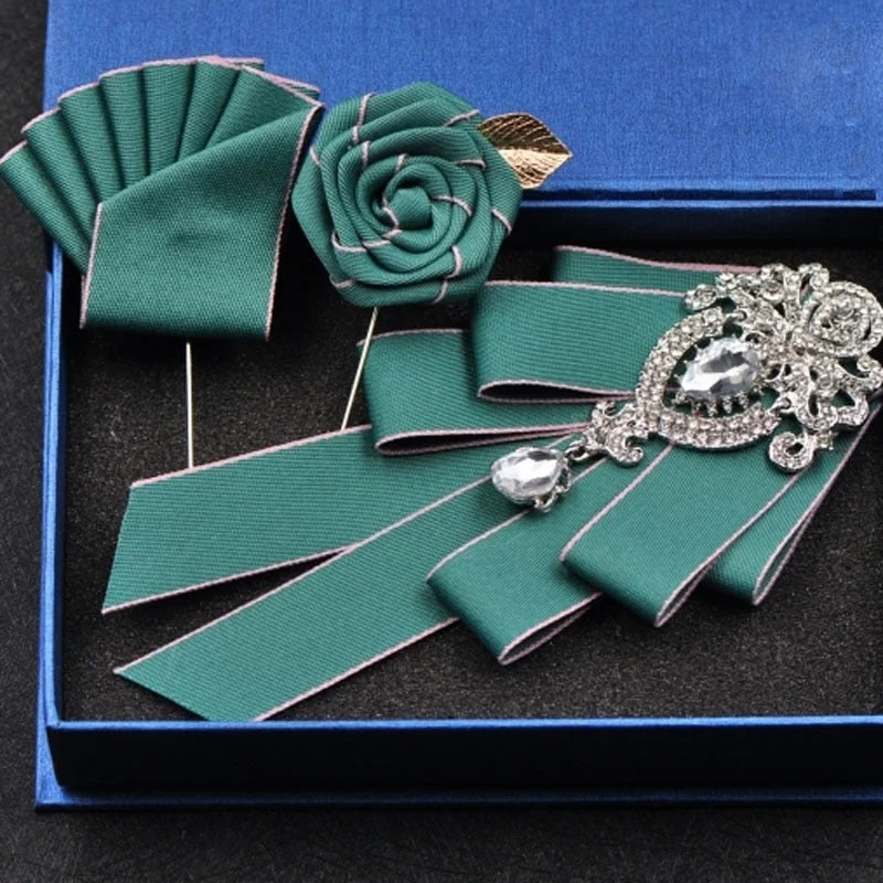 High-quality Fashion Handmade Red Diamond Bow Tie Wedding Collar Bowtie Brooch Pocket Towel Square Set Gifts for Men Accessories