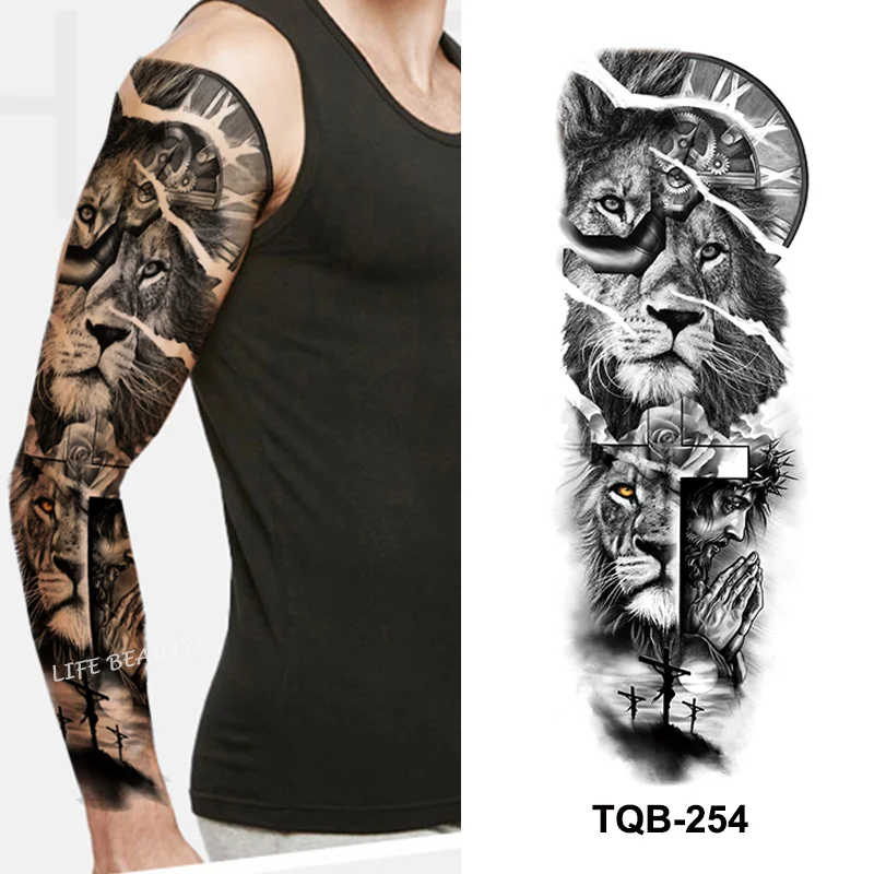 Sdrawing Temporary Full Arm Tattoos Man Women Cool Leg Art Tiger Wolf Black Sleeve Large Fake Sticker Glitter Multiple Style